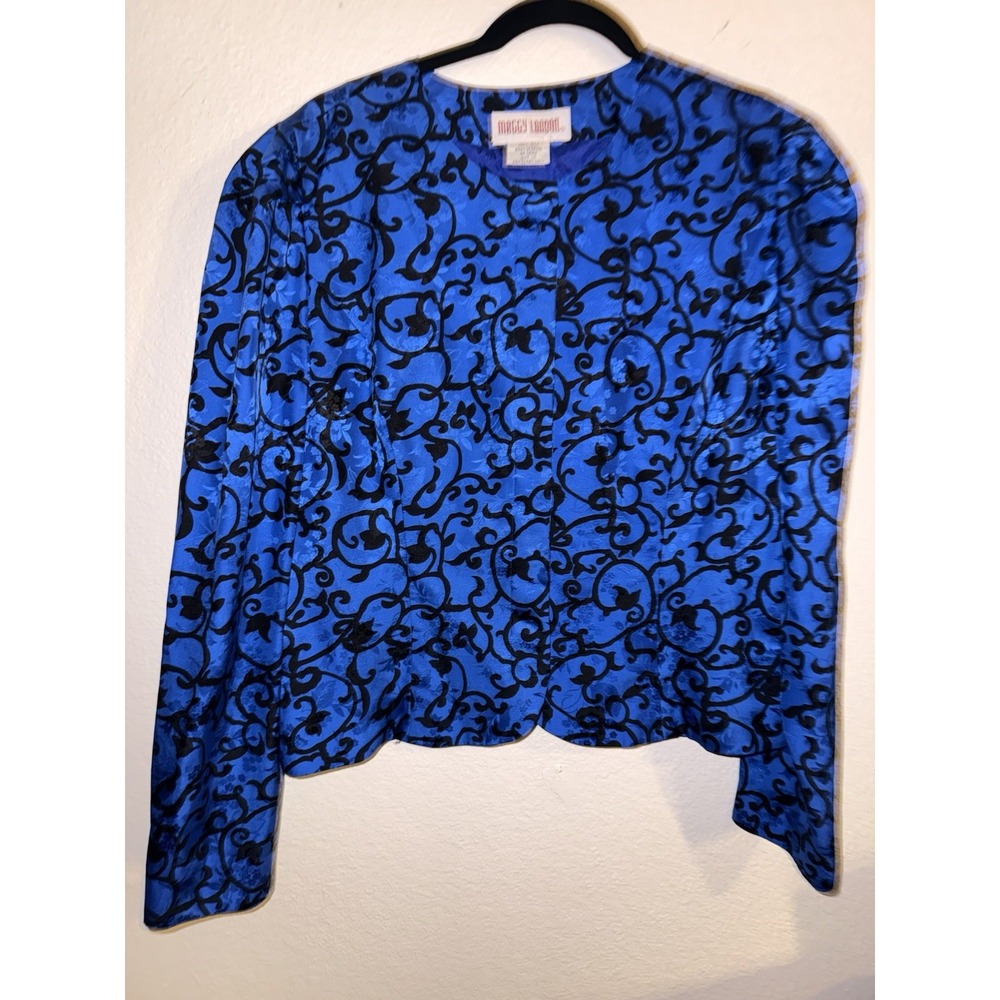 MAGGY London 100% Silk Floral Jacket Size 14 Cobalt Blue And Black Vines Blouse